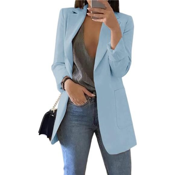 Women's Casual Blazer Open Front Long Sleeve Lapel Collar Work Jacket
